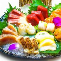 Sashimi Moriawase (18 pcs) · Variety of sashimi of the day. Served with soup, salad and rice.