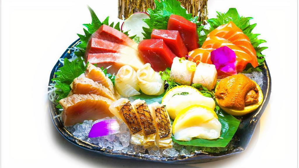 Sashimi Moriawase (18 pcs) · Variety of sashimi of the day. Served with soup, salad and rice.