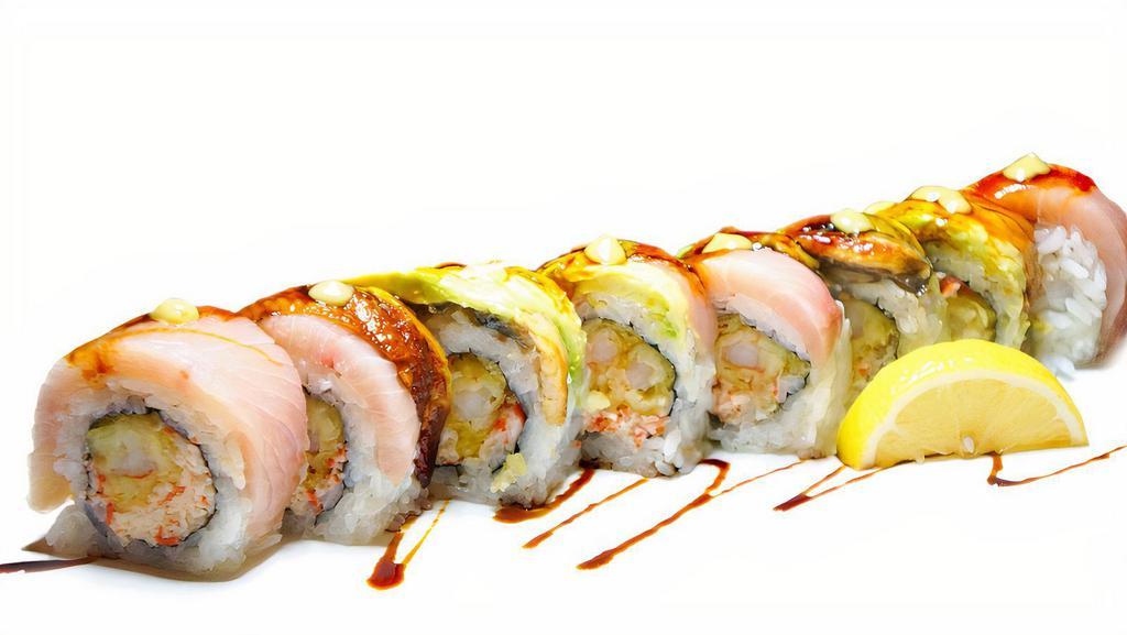 Shamvid · In: shrimp tempura & crabmeta. Out: hamachi, unagi, avocado w/ unagi sauce & wasabi sauce.