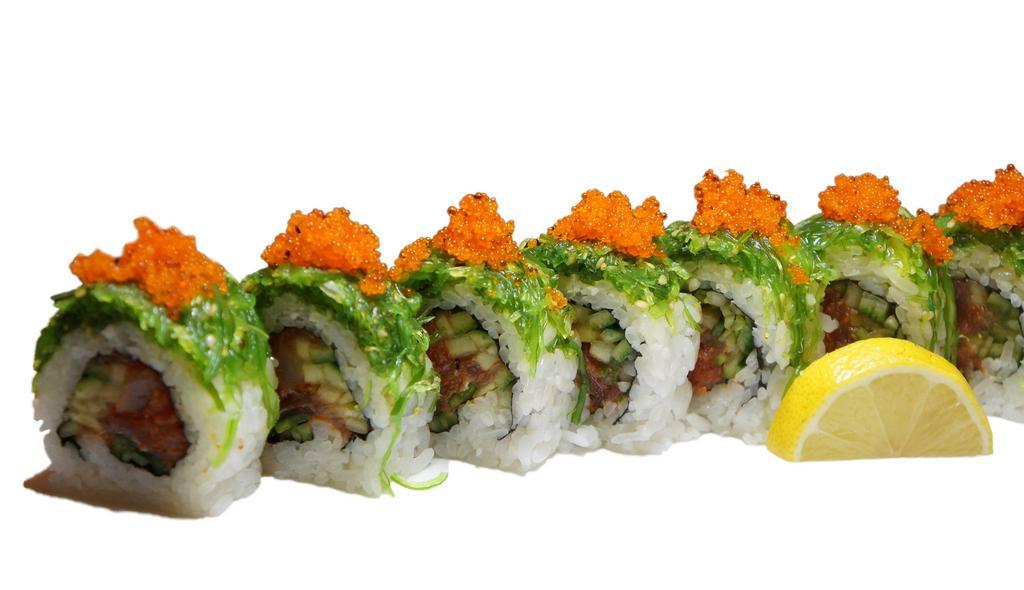 Poki · Spicy. In: spicy tuna & cucumber. Out: seaweed salad & tobiko.