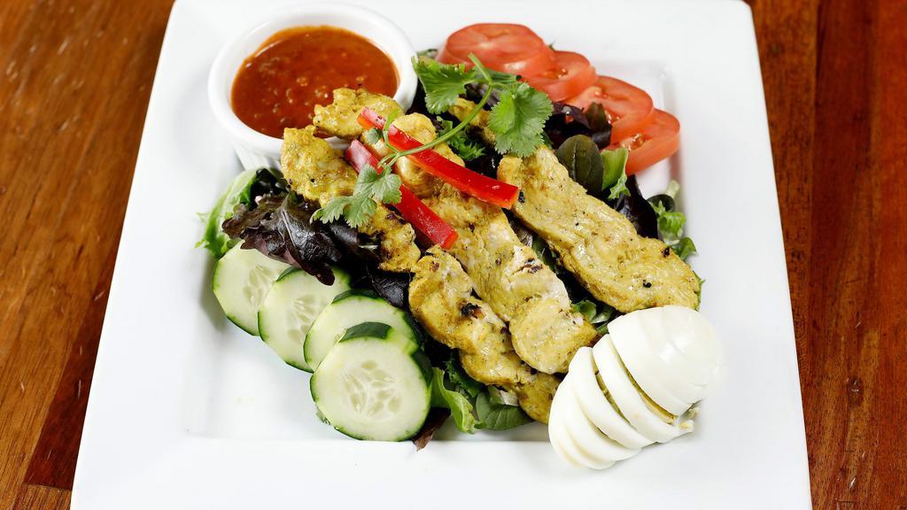 Chicken Satay Salad · Strips of chicken satay over a bed of spring mix, hard-boiled egg, tomatoes, cucumber, and bell peppers. Served with peanut dressing.