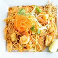 Pad Thai · Gluten-free, not spicy. Rice noodles with shrimp and chicken, egg, scallions, tofu, and bean...