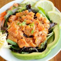 Spicy Salmon Bowl · Raw salmon cubes in spicy mayonnaise sauce on top of spring mix, sliced avocado and vinaigre...