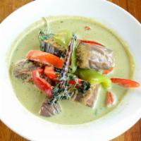 Short Ribs in Green Curry / Kang Kiew Wan Neur · Short ribs USDA choice, eggplants, bell peppers, and basil leaves in green coconut curry.
