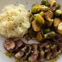 OTR Steak with Mashed Potatoes · Grilled Marinated Angus Tri-Tip steak drizzled with lemon oregano vinaigrette, served with g...