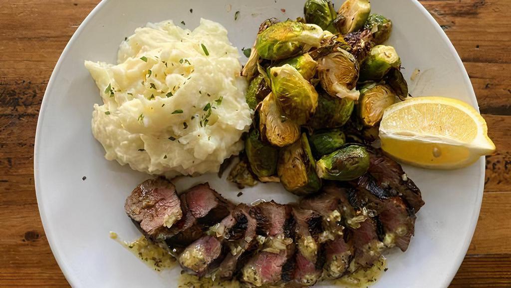 OTR Steak with Mashed Potatoes · Grilled Marinated Angus Tri-Tip steak drizzled with lemon oregano vinaigrette, served with garlic mashed potatoes & brussels sprout