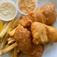 Fish & Chips · Beer battered fish served with crispy french fries, tartar sauce and lemon wedge, ask server...