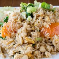 Thai Fried Rice · Fried rice with egg, Chinese broccoli, green onion, onion, tomatoes, and garlic.