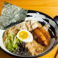 Miso Ramen · Ramen dishes comes with egg, chashu (braised pork) and kakuni (braised pork belly), wood ear...