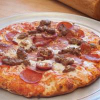 All Meat Supreme Pizza · Salami, pepperoni, Canadian bacon, smoked ham, linguica an Italian sausage.