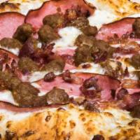 Bacon Lover's Supreme Pizza · White garlic sauce with bacon, Canadian bacon, Italian sausage, green onions and fresh tomat...