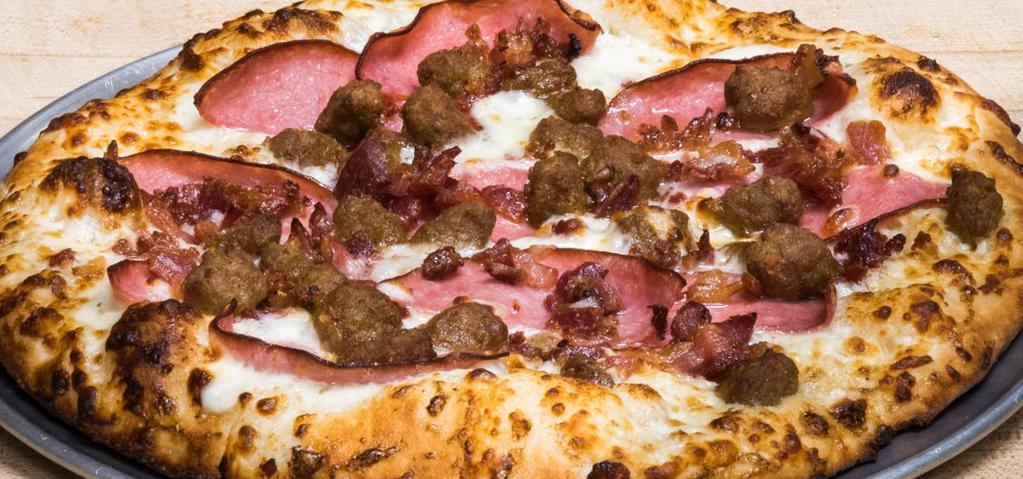Bacon Lover's Supreme Pizza · White garlic sauce with bacon, Canadian bacon, Italian sausage, green onions and fresh tomatoes.