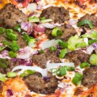 Meatball Supreme Pizza · Marinara sauce, meat balls with mozzarella cheese, red and green onions, garlic powder, Ital...