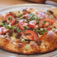 North Beach Lover's Supreme Pizza · White garlic sauce with pepperoni, Italian sausage, mushrooms, green onions and fresh tomato...