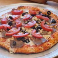 Mediterranean Supreme Pizza · Gyro meat, olives, onions, fresh tomatoes, Feta cheese and oregano.