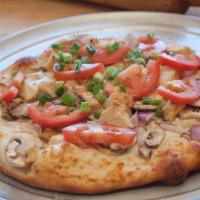 Garlic Chicken Supreme Pizza · Grilled chicken and white garlic sauce with mushrooms, red & green onions, fresh tomatoes an...