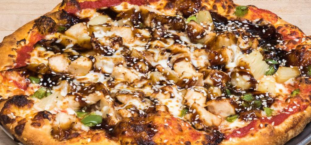 Teriyaki Chicken Supreme Pizza · All-white meat marinated with our own teriyaki sauce, topped with pineapple, red & green peppers, sesame seeds and extra cheese.