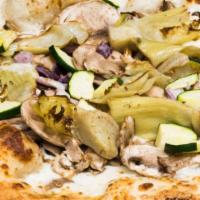 Gourmet Veggie Supreme Pizza · Vegetarian. White garlic sauce with mushrooms, onions, zucchini, artichoke hearts, fresh tom...