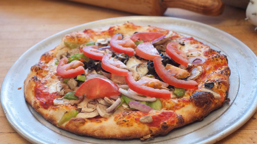 Fresh Veggie Supreme Pizza · Vegetarian. Mushrooms, black olives, tomatoes, onions, sweet red & green bell peppers.