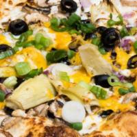 Artichoke Supreme Pizza · Vegetarian. White garlic sauce, fresh mushrooms, Cheddar cheese, red onions, black olives, b...
