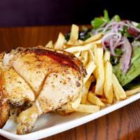 Pollo a la Brasa (Whole Chicken) · Free-range, all-natural whole rotisserie chicken, french fries, green salad, and two aji sau...