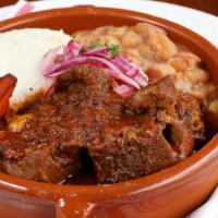 Pork Adobo · Slow braised pork shoulder, aji panca sofrito, roasted yam, canario beans, jasmine rice, and...