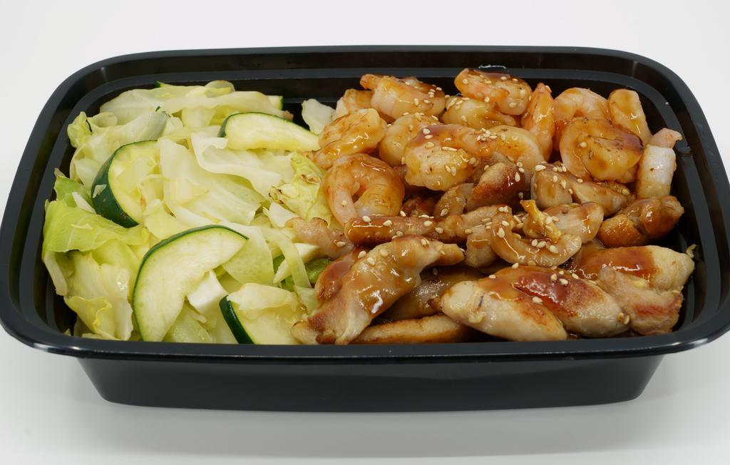 Teriyaki Combo (Chicken & Shrimp) · Served with white rice and vegetables.