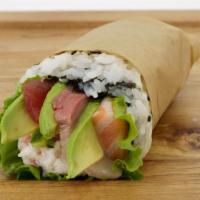 Rainbow Wrap · Tuna, salmon, hamachi, kani, avocado, lettuce, cucumber, tobiko.