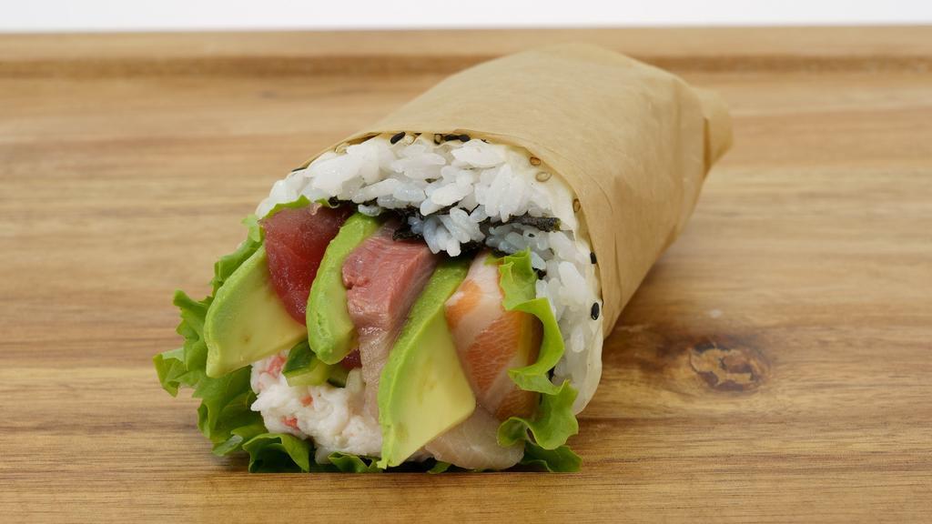 Rainbow Wrap · Tuna, salmon, hamachi, kani, avocado, lettuce, cucumber, tobiko.