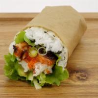 Lion King Wrap · Baked salmon and kani, avocado, lettuce, creamy garlic sauce, tobiko.