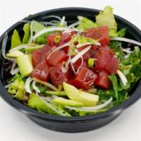 Ahi Poke Salad · Ahi tuna, spring mix, shredded daikon, seaweed salad, sweet onion, cucumber, avocado with Or...