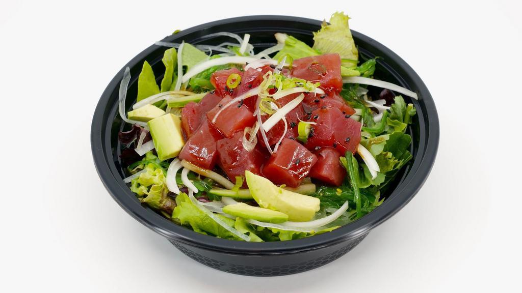 Ahi Poke Salad · Ahi tuna, spring mix, shredded daikon, seaweed salad, sweet onion, cucumber, avocado with Origami signature poke sauce.
