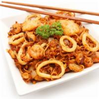 Seafood Kimchi Chow Mein · Delicious and spicy noodles served with fresh seafood and kimchi.