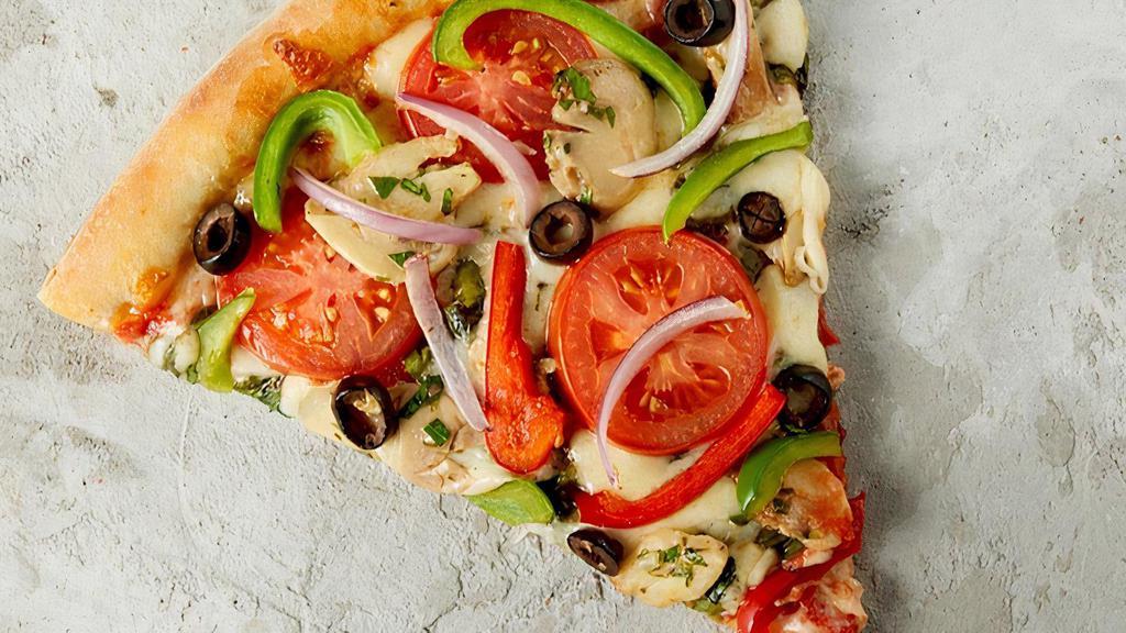 Ny Veggie Slice · XL NY Slice made with fresh, hand-stretched dough, topped with San Marzano-style tomato sauce, 100% whole milk mozzarella, spinach, tomatoes, mushrooms, green and red peppers, and black olives. Made fresh daily.