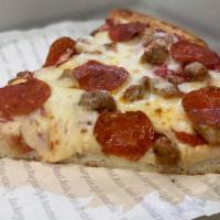 Pan Sausage And Pepperoni Slice · Thick, hand-stretched dough, pan baked, topped with hand-crushed Roman sauce, freshly shredd...
