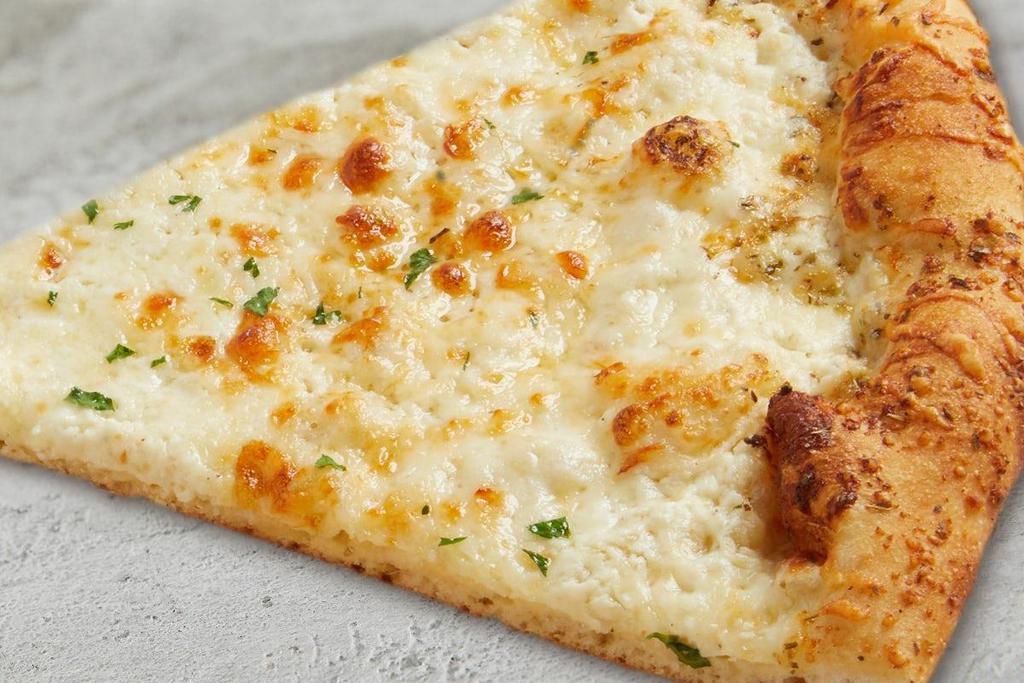 Ny 4-Cheese White Slice · XL NY Slice made with fresh, hand-stretched dough, topped with ricotta cheese sauce, 100% whole milk mozzarella, asiago and Romano cheese, with a garlic butter crust. Made fresh daily..