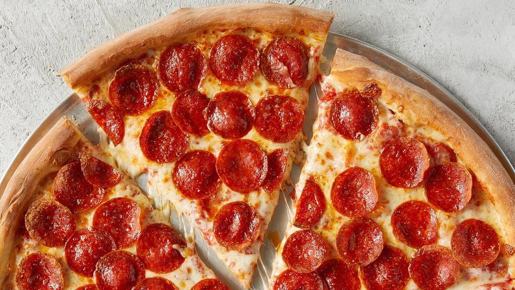 Pepperoni · XL NY pizza made with hand-stretched dough, topped with San Marzano-style tomato sauce, 100% whole milk mozzarella and pepperoni. Made fresh daily.