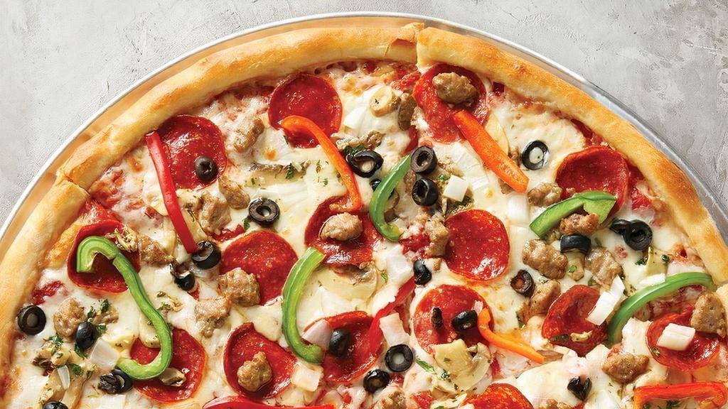 Supremo · San Marzano style tomato sauce, traditional pepperoni, Italian sausage, roasted mushrooms, yellow onions, green and red peppers, black olives and 100% whole milk mozzarella. Made fresh daily.