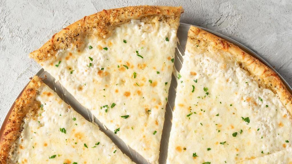 4-Cheese White · Creamy ricotta white sauce layered with fresh Italian cheeses including Asiago, Romano and 100% whole milk mozzarella with a garlic seasoned crust. Made fresh daily.