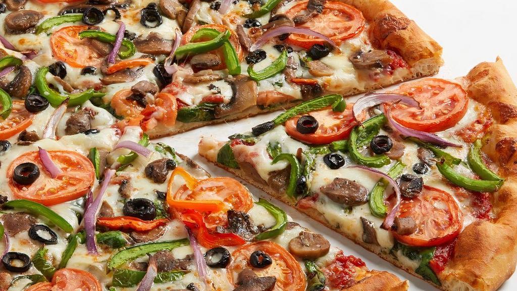 Veggie · XL NY pizza made with fresh, hand-stretched dough, topped with San Marzano-style tomato sauce, 100% whole milk mozzarella, spinach, tomatoes, mushrooms, green and red peppers, and black olives. Made fresh daily.