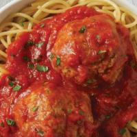Spaghetti With Meatballs · Spaghetti topped with marinara and two large meatballs and garnished with finely chopped par...