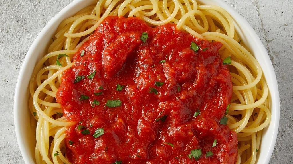 Spaghetti With Sauce · Spaghetti topped with marinara and garnished with finely chopped parsley.