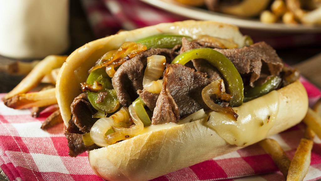 Steak Hoagie · Oakland's finest steak hoagie sandwich made with mayonnaise, mustard, mozzarella cheese, grilled mozzarella jalapeños, grilled onions, lettuce and fresh diced tomatoes. Served with customers choice of salad or french fries.