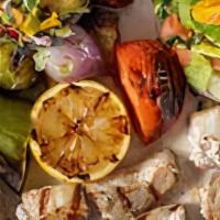 Wild Sword Fish Kebab · Marinated Wild Sword Fish, Grilled Vegetables, Rice Bulgur salad, Charred lemon