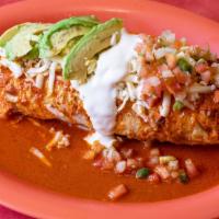 4. Wet Burrito · Any meat, rice, beans, onion, cilantro, melted cheese, sour cream, avocado, topped with red ...