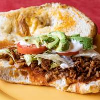 20. Torta Regular · Any meat, toasted Mexican sandwich with cheese, avocado, sour cream, tomatoes & lettuce.