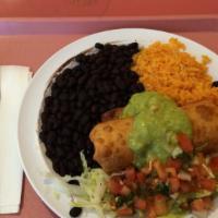 3. Chicken Chimichanga · With rice, beans, guacamole, sour cream and salad.