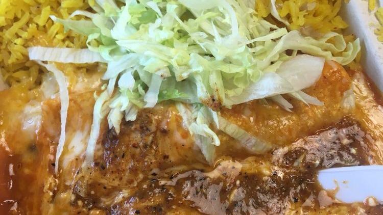 2 Enchiladas · Meat, rice, beans and salad.