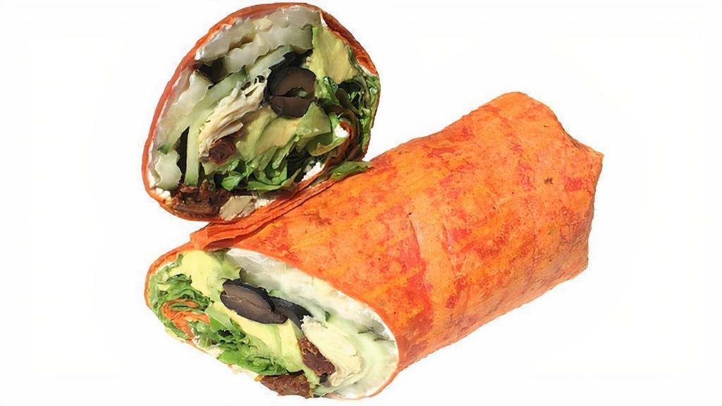 Veggie Delight Wrap · Avocado, artichokes, olives, sun dried tomatoes, cucumbers, pickles, lettuce, and cream cheese in a tortilla.