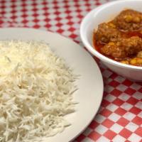 Kofta Challow · Garvey ground beef (meatball) served with white rice and bread.